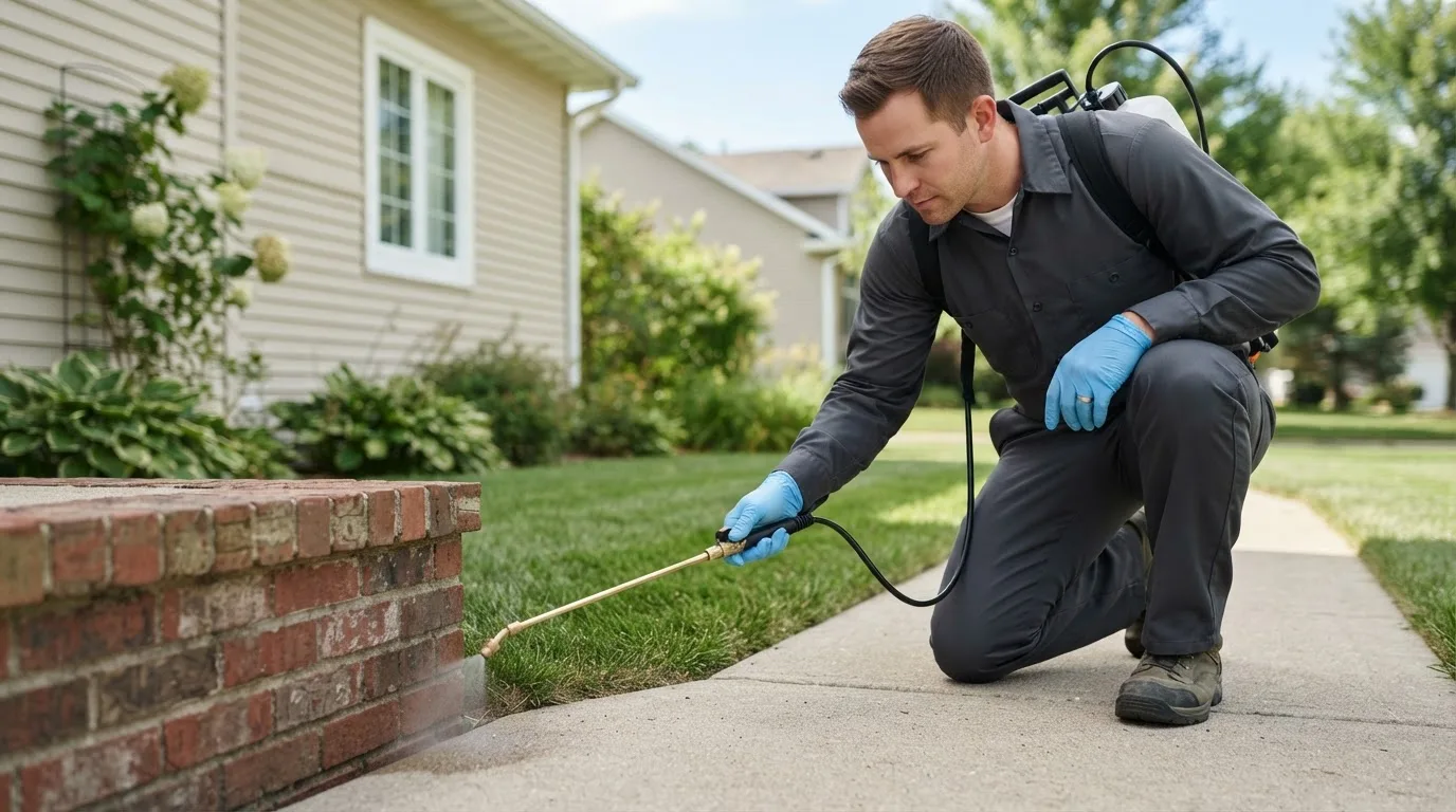 Pest control technician treating a home near Follett, TX